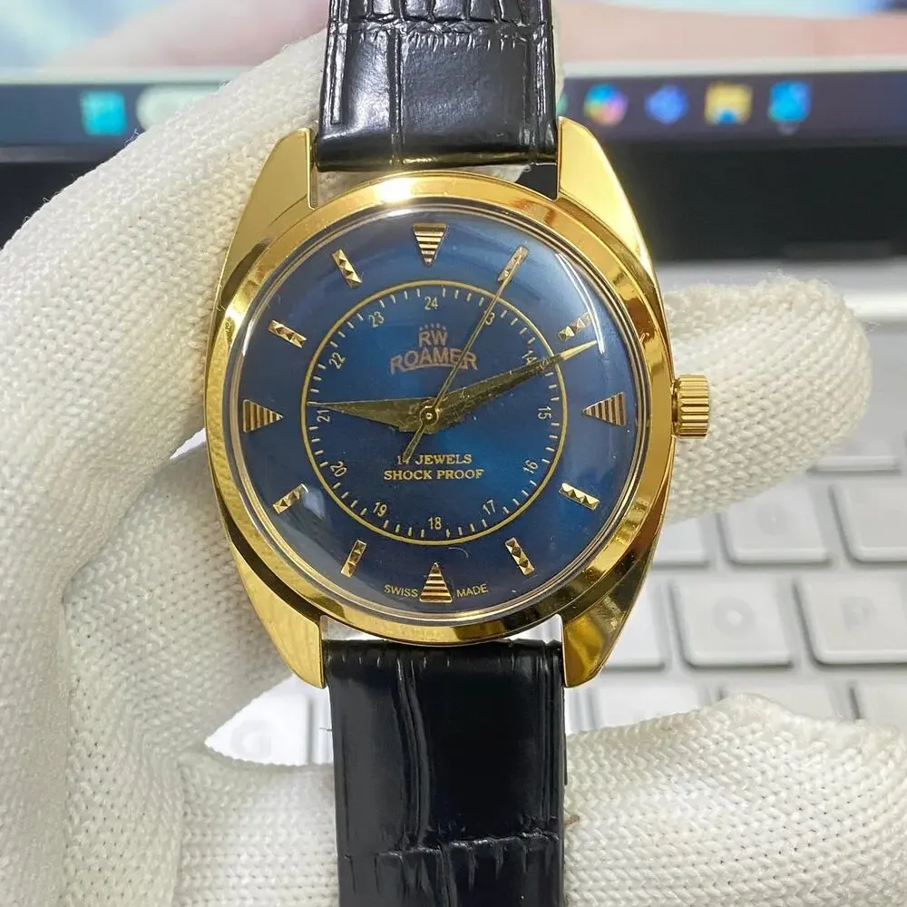 Vintage 1983 Roamer Manual Mens Gold Watch W/Leather Strap & Blue accents
